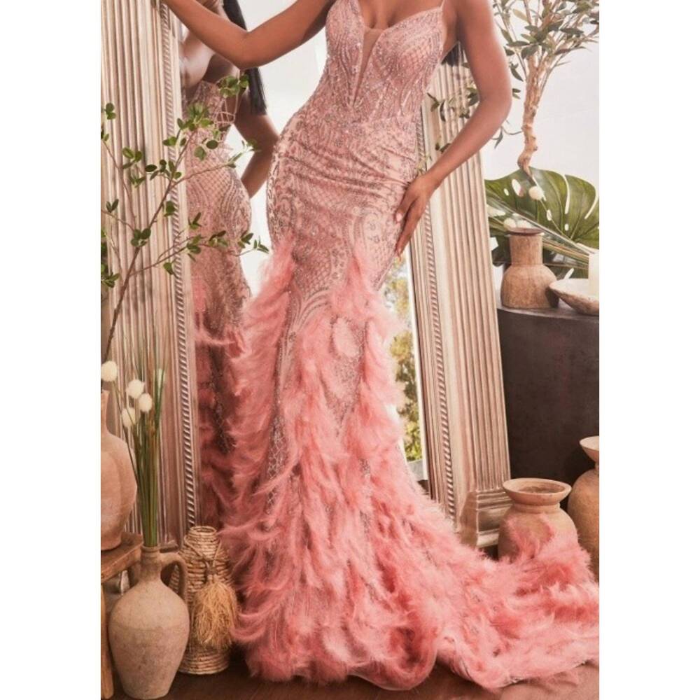 NEW LADIVINE feathered mermaid gown in rose